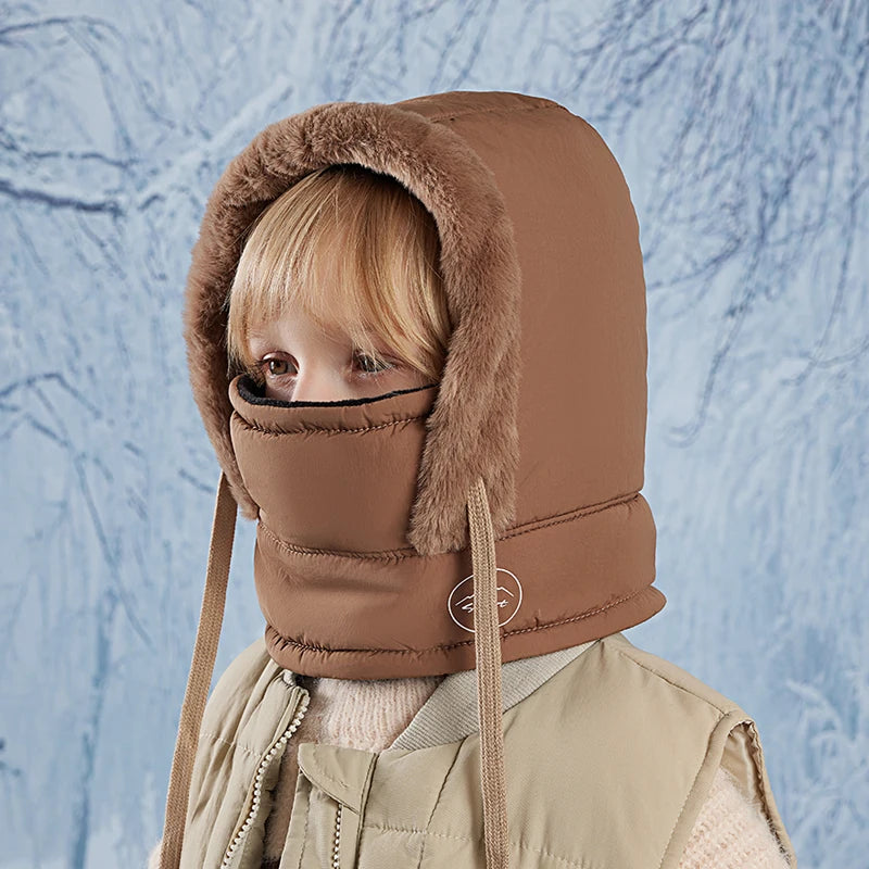 Winter Cycling Hat Child Warm Scarf Face Mask Integrated Cold Resistant Windproof Head Cover Thickened Velvet Neck Protection