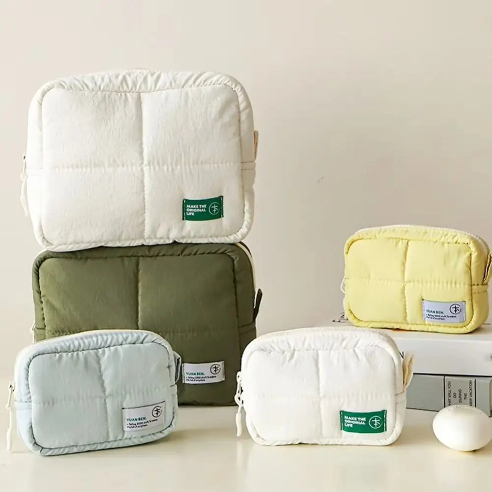 Aesthetic Quilted Makeup Bag Puffer Square Cosmetic Pouch Large Capacity Solid Color Skincare Storage Bag for Women