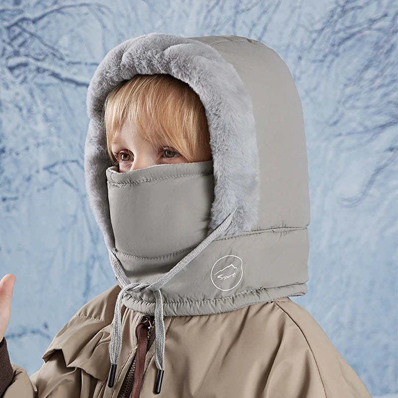 Winter Cycling Hat Child Warm Scarf Face Mask Integrated Cold Resistant Windproof Head Cover Thickened Velvet Neck Protection