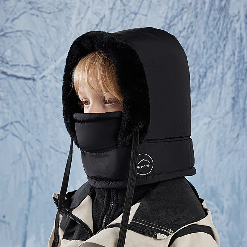 Winter Cycling Hat Child Warm Scarf Face Mask Integrated Cold Resistant Windproof Head Cover Thickened Velvet Neck Protection