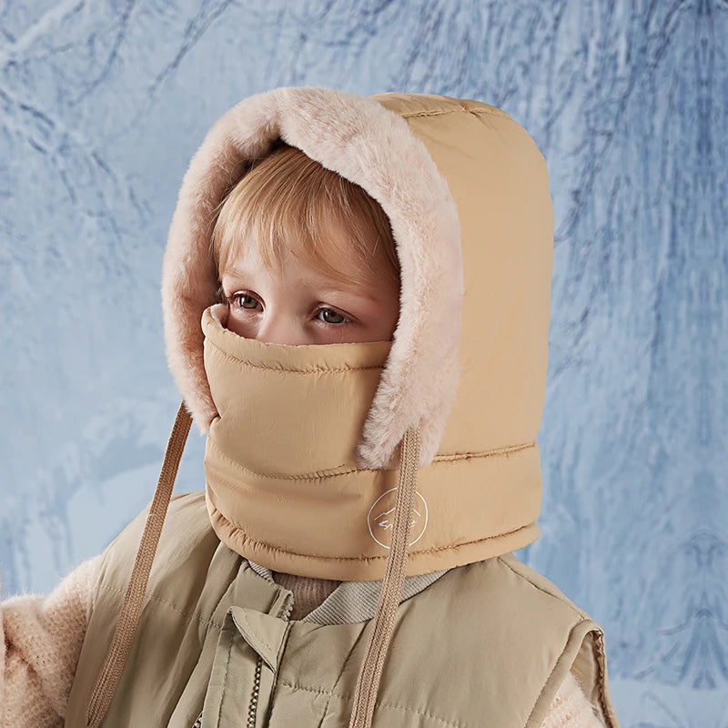 Winter Cycling Hat Child Warm Scarf Face Mask Integrated Cold Resistant Windproof Head Cover Thickened Velvet Neck Protection