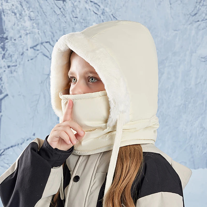 Winter Cycling Hat Child Warm Scarf Face Mask Integrated Cold Resistant Windproof Head Cover Thickened Velvet Neck Protection
