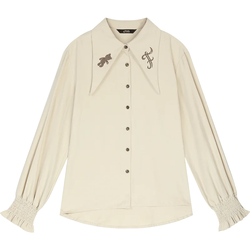 ELFSACK 2025 Winter New Arrivals Soft Preppy Lapel Collar Ruffled Cuff Long-sleeve Shirt For Woman