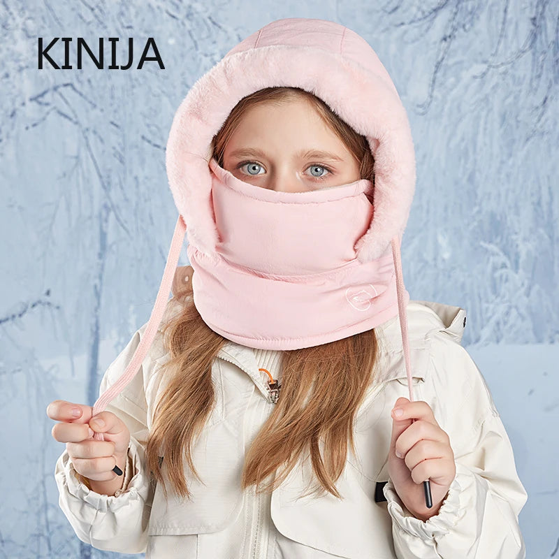 Winter Cycling Hat Child Warm Scarf Face Mask Integrated Cold Resistant Windproof Head Cover Thickened Velvet Neck Protection