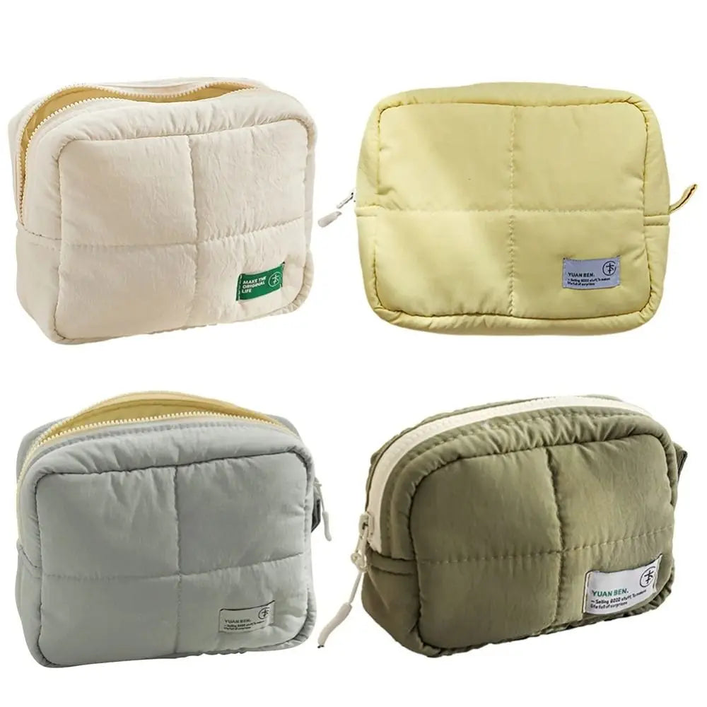 Aesthetic Quilted Makeup Bag Puffer Square Cosmetic Pouch Large Capacity Solid Color Skincare Storage Bag for Women