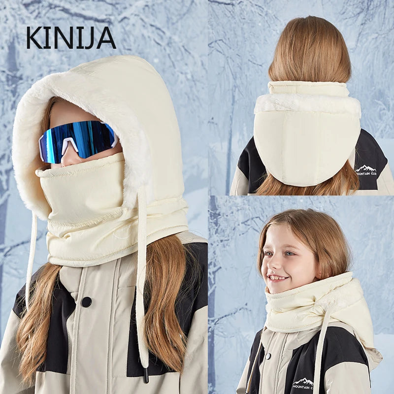 Winter Cycling Hat Child Warm Scarf Face Mask Integrated Cold Resistant Windproof Head Cover Thickened Velvet Neck Protection