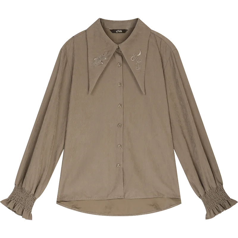 ELFSACK 2025 Winter New Arrivals Soft Preppy Lapel Collar Ruffled Cuff Long-sleeve Shirt For Woman