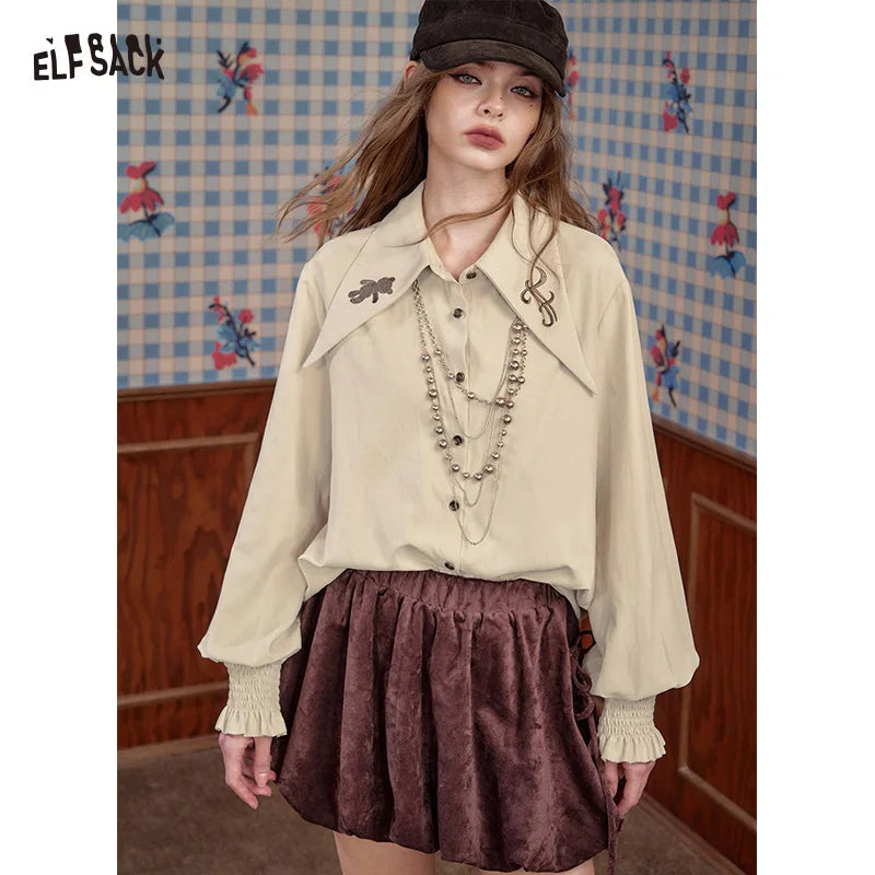 ELFSACK 2025 Winter New Arrivals Soft Preppy Lapel Collar Ruffled Cuff Long-sleeve Shirt For Woman