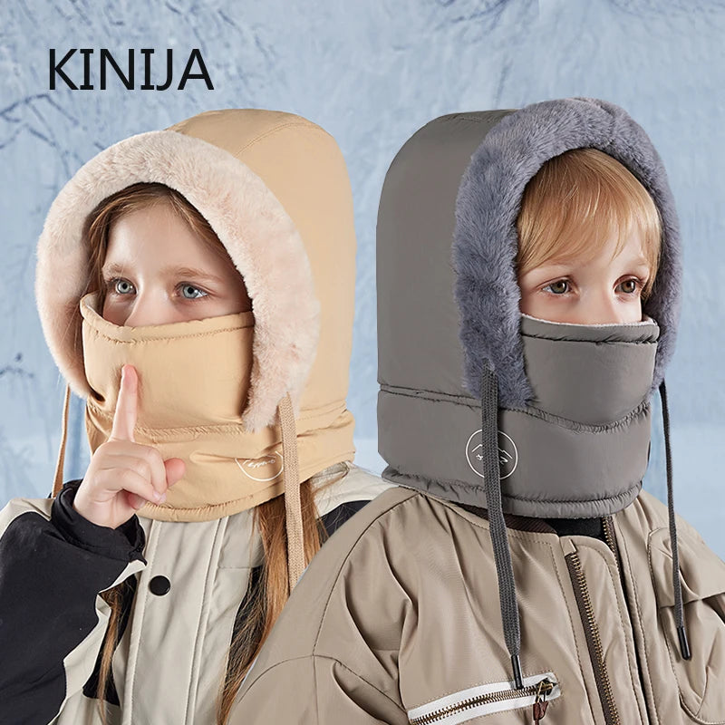 Winter Cycling Hat Child Warm Scarf Face Mask Integrated Cold Resistant Windproof Head Cover Thickened Velvet Neck Protection