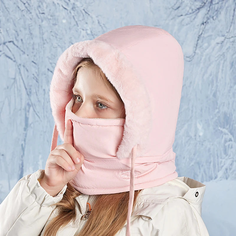 Winter Cycling Hat Child Warm Scarf Face Mask Integrated Cold Resistant Windproof Head Cover Thickened Velvet Neck Protection