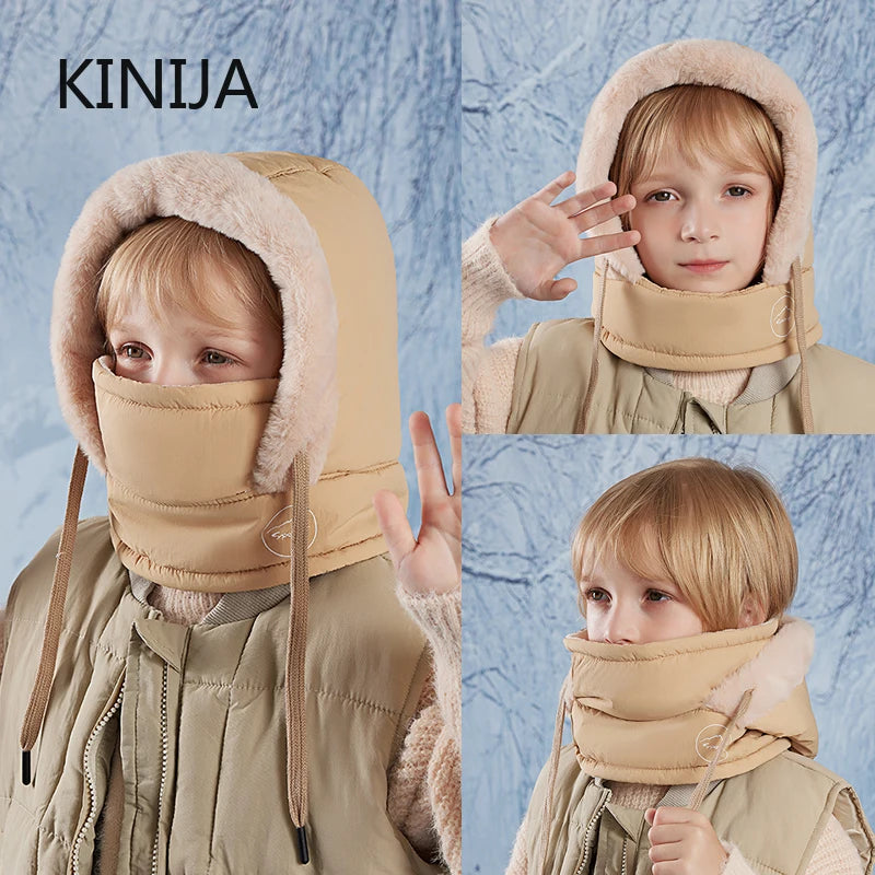 Winter Cycling Hat Child Warm Scarf Face Mask Integrated Cold Resistant Windproof Head Cover Thickened Velvet Neck Protection